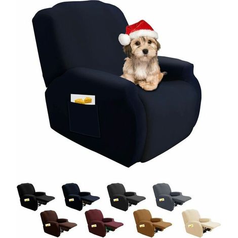 1-seater recliner cover, 4-piece stretchable recliner cover with side pocket, universal washable massage chair cover, navy blue (1/5)