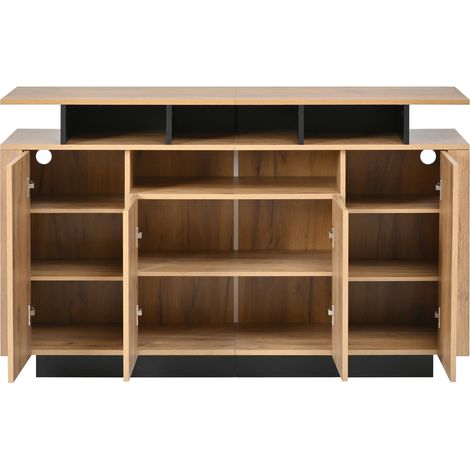 Credenza sideboard in truciolato naturale 140 x 40 x 85 cm con 4 ante e 3 vani aperti (1/5)