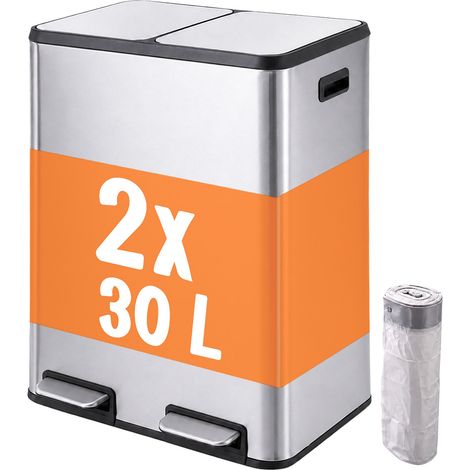 Relaxdays Mülleimer, 2 Fächer, 2x30 l, entnehmbare Inneneimer, Softclose, Fußpedal, Edelstahl, Treteimer Küche, silber (1/5)