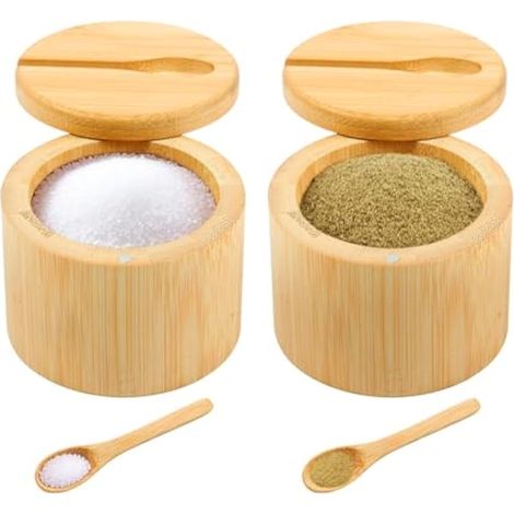 Lot de 2 bols à sel en bambou massif avec couvercle pivotant magnétique et cuillère mignonne, récipient de rangement pour sel de mer, poivre, sucre, épices, 170,1 g, empilable (1/5)
