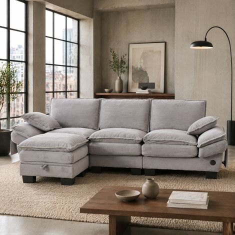 Divano modulare a 3 posti in corduroy grigio chiaro con pouf, porta USB-C e tasche laterali OKWISH (1/5)