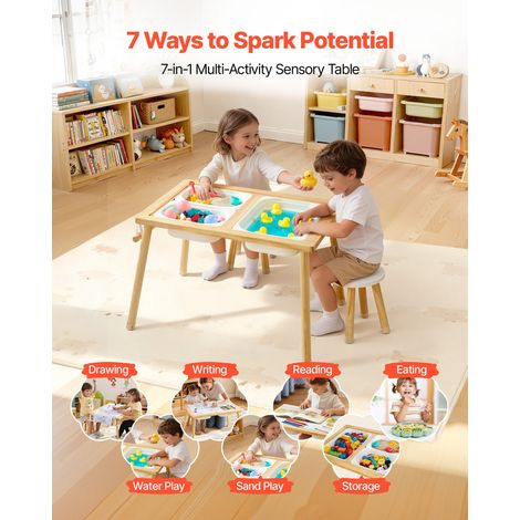 Table Sensorielle pour Tout-Petits, Table d'Activité en Bois pour Enfants avec 2 Tabourets, Tableaux Double Face, Bacs de Rangement… (1/5)