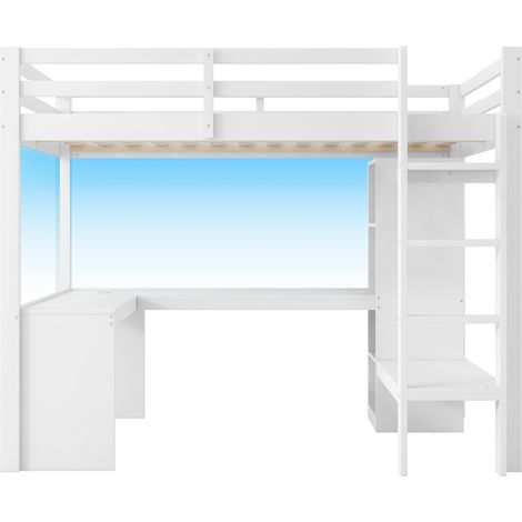 Hochbett 140x200 Weiß mit integriertem Schreibtisch, multifunktionalen Regalen, LED und USB (1/5)