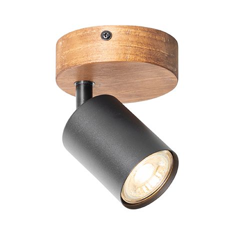 Qazqa – Spot mural et plafond 1 lumière – Acier noir et bois brun – Longueur 9.5 cm – Luminosité variable – Pour salon, chambre, cuisine, salle à manger