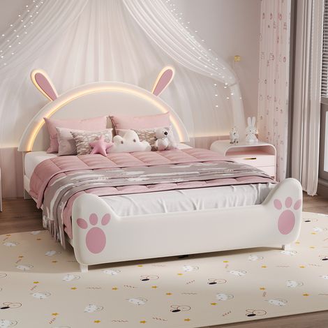 Lit capitonné pour enfant 140 x 200 cm avec LED,Joli motif sur le thème du lapin,Lit enfant avec sommier à lattes,cadre de lit,lit adolescent,lit simple pour fille,velours,blanc et rose (1/5)