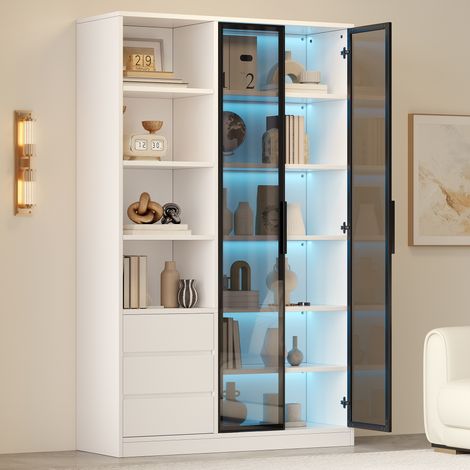 Modernluxe - Vitrine/armoire haute 100x35x160 cm - Avec éclairage LED - 2 portes vitrées et 3 tiroirs - Étagères réglables - Blanc (1/5)