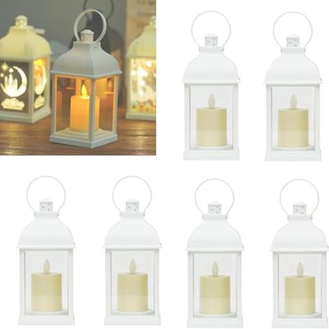 Lot de 6 Lanterne Décorative Blanche Lanterne Exterieur Jardin Lampe Décoration de Table de Mariage avec Bougie LED Flamme Vacillante, Intérieur Exterieur Jardin pour Balcon Terrasse Cour Decoration (1/5)