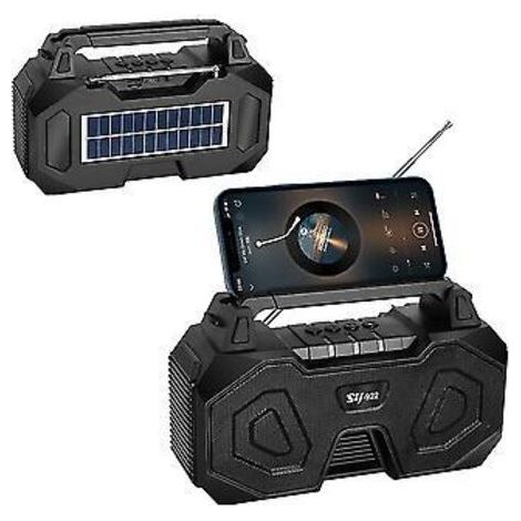 Enceinte Bluetooth solaire portable avec radio FM sans fil et support pour téléphone (noir)