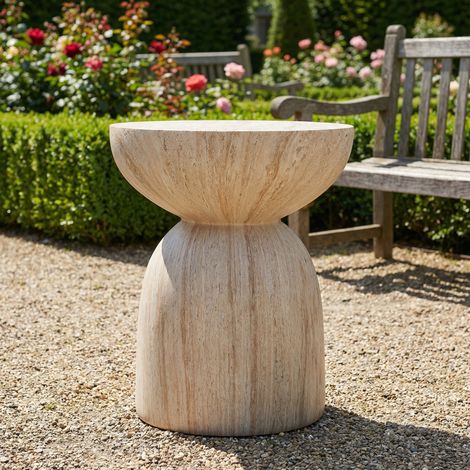 Mesa auxiliar de jardín en MgO beige efecto travertino, resistente al agua y a los rayos UV, interior/exterior (1/5)