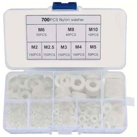 700 Pieces White Nylon Plastic Washers, Insulation Round Flat Washer Assortment Kit, M2 M2.5 M3 M4 M5 M6 M8 M10 Washer for Mechanics (1/4)