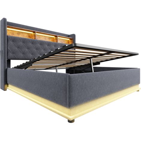 Letto contenitore imbottito LED 180 x 200 cm grigio con USB e contenitore idraulico (1/5)