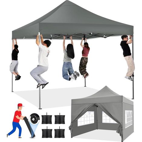Faltpavillon 3x3m wasserdicht, UV-Schutz 50+, 3 Höhen, 4 Seitenteile, Grau (1/5)