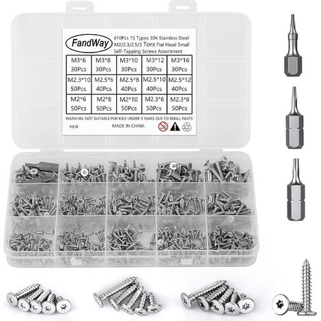 610 Pièces Vis Autotaraudeuses Tête Fraisée Torx,M2 M2,3 M2,5 M3 Petites Vis à Bois Tête Plate Acier Inox 304,Mini Tôle Autoperceuses Fileté Avec T5 T6 T8 Bit.Pour Meubles Métal Doux Plastique. (1/5)