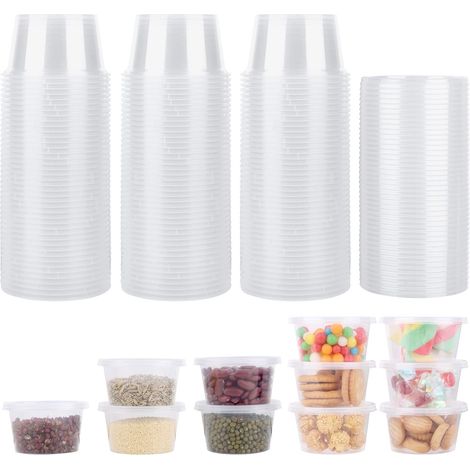 Lot de 50 petits pots à sauce en plastique avec couvercles, contenants de 100 ml, boîtes alimentaires, compatibles micro-ondes, adaptés aux condiments et aux aliments. (1/5)