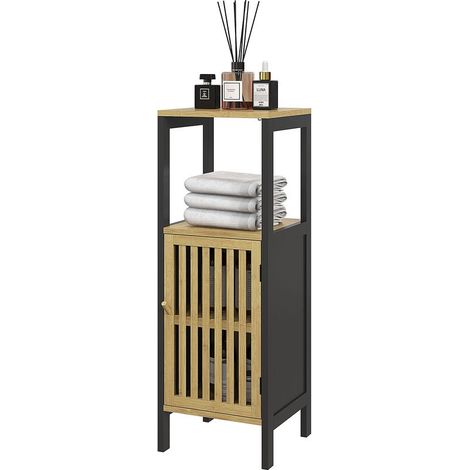 Waschtisch aus Bambus mit eintürigem Schrank und offener Nische, 32 x 30 x 90,5 cm, Schwarz und Holz – verbesserte Leistung – garantierte Premiumqualität – (1/5)