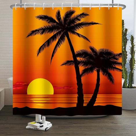 Rideau de Douche Plage d'été Aquarelle Hawaïenne Coucher de Soleil sur l'Océan Rideau de Salle de Bain imperméable Palmier Tropical Lavable Décoration de Salle de Bain 120x180cm (1/5)