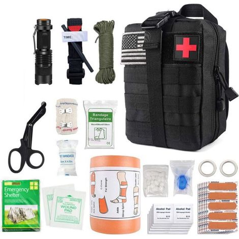 Trousse de secours complète militaire tactique Assemblée En UE normes CE+petite trousse+bandoulière+tire tique+bracelet survie-Conue pour la randonnée,voyage,airsoft(Noir) (1/5)