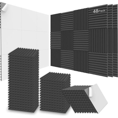 Panneaux de mousse acoustique, 48 paquets 12x12x 1 Inch / 2.5 X 30 X 30cm Panneaux muraux insonorisés auto-adhésifs pour la maison, le bureau et le studio (noir)