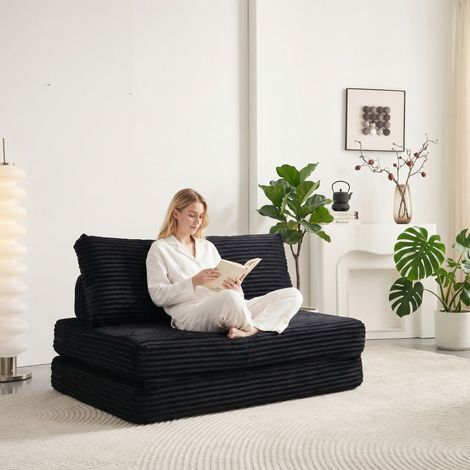Canapé convertible 2 places sans structure rigide – Canapé-lit au sol tissu satiné – Gain de place – 140x200 cm – Pour salon appartement et chambres d'amis – Noir (1/5)
