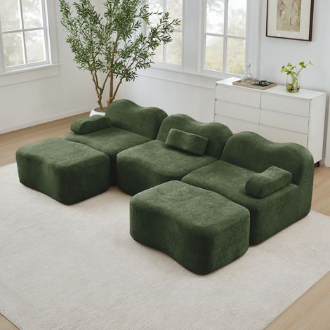 Canapé modulable 3 places en U sans armature, 2 poufs, mousse 32D haute densité, forme ondulée, assise profonde, coussins accoudoirs amovibles, salon, vert (1/4)
