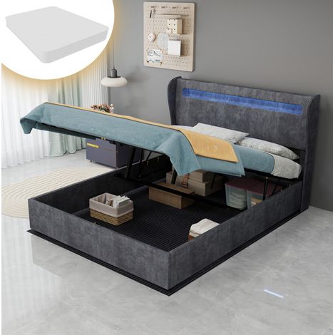 Bett modern gepolstert aus grauem Stoff 140x200 cm mit verstellbarem Kopfteil und LED-Beleuchtung, Metallrahmen (1/5)