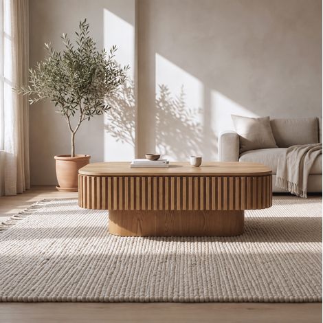 Couchtisch 98 x 60 cm mit verstecktem Stauraum, geriffeltes MDF in Naturholz, OKMYHOME (1/5)