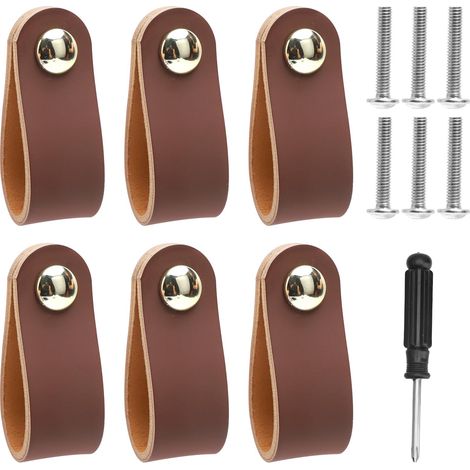 Lot de 6 Poignee de Meuble Bouton Porte Placard de Placard 6.4 X 2.5 cm Poignee Cuir pour Armoires, Cuisine, Commode, Décoration Intérieure, Penderie Avec Vis et Visseuse (Brun) (1/5)