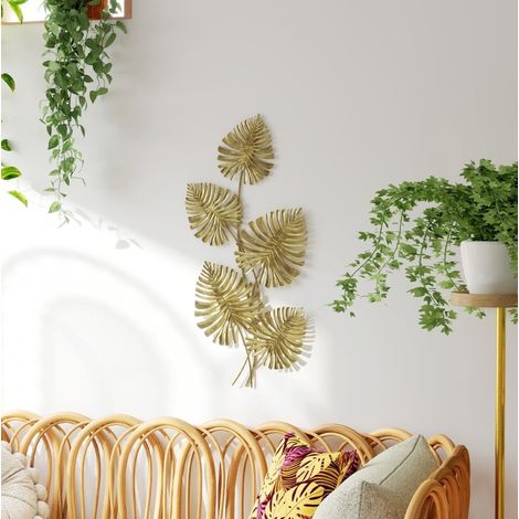 Decoración de pared de metal 83x2.5x39 cm, diseño de hojas Monstera, acabado lacado, color dorado (1/5)