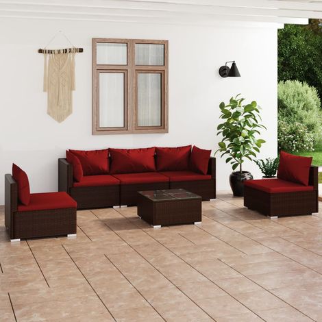 6-tlg. Garten-Lounge-Set mit Auflagen Poly Rattan Braun (1/5)