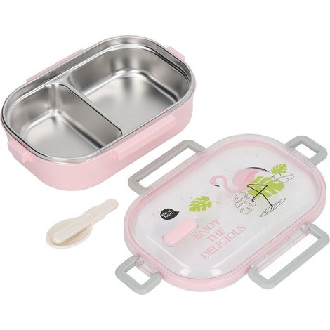 Boîte à lunch en acier inoxydable 304 avec compartiments isolants thermiques, style bento, étanche et transparente, motif oiseau rose, idéale pour les enfants et les étudiants. (1/5)