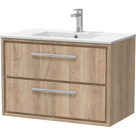 Longnor 2 Drawer Wall Hung Vanity Unit with 1 Tap Hole Minimalist Basin, Light Oak, 800mm