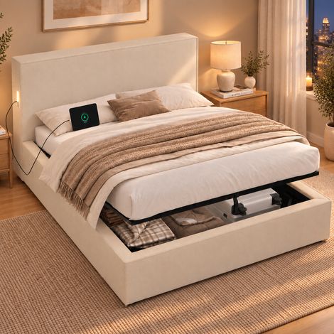 Lit coffre rembourré 120x200 cm en tissu chenille avec rangement hydraulique, sommier inclus, tête de lit capitonnée - Beige (1/5)