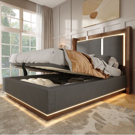 Letto contenitore per bambini 90x200 cm con illuminazione a LED, meccanismo di sollevamento idraulico, rete a doghe, lino grigio e legno di noce. (1/5)