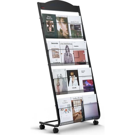 VEVOR Presentoir a brochures 4 niveaux, porte-brochures sur pied avec roulettes, porte-revue robuste pour journaux, presentoir a magazines mobile pour expositions, bureaux, hotels, salons artisanaux