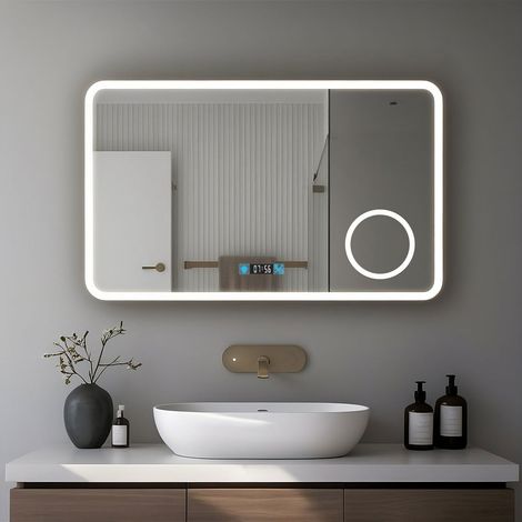 Miroir de salle de bain 100x60cm avec horloge digitale et éclairage LED à couleur réglable (2700K/4600K/6500K)