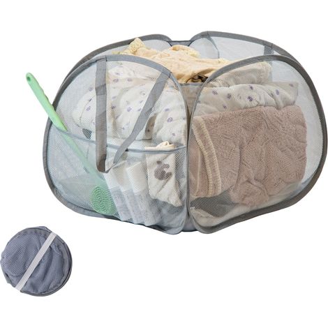 Panier À Linge Pliable - 90 L - Structure Métallique Galvanisée - Maille Respirante En Polyester - Poche Latérale - Pour Salle De Bain Chambre Dortoir Ou Voyage - 1 Pièce (1/5)