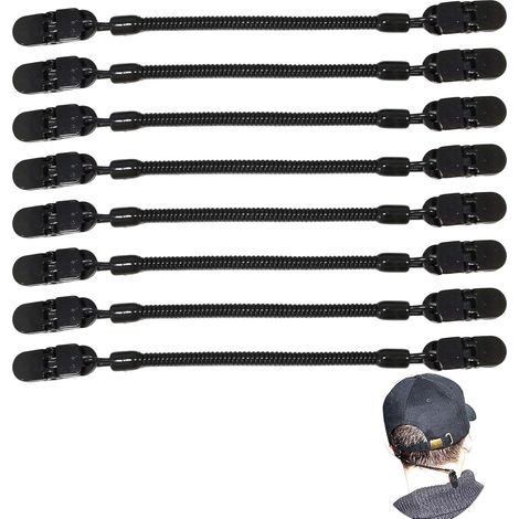 Cap Retainer, Clip de Retenue de Chapeau, 8 pièces, Clip Anti-Vent avec Élastique et Clip Crocodile, Idéal pour Pêche, Randonnée et Activités Extérieures, Taille Ajustable, Couleur Noire (1/5)