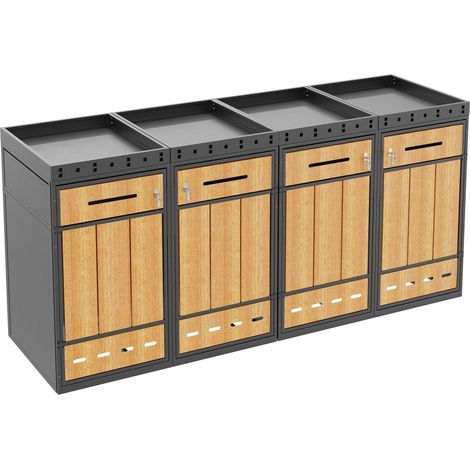 Coffre à déchets 4 compartiments en acier galvanisé avec toit jardinière effet bois pour poubelles de 120-240 L (1/5)