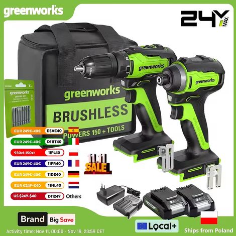 Greenworks Accu Schroefboormachine 24V - 220 NmKit perceuse-visseuse sans fil Greenworks 24V - 220 Nm max - Mandrin 1/2" + embout hexagonal 1/4" - 2 batteries