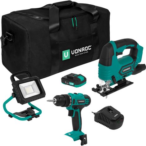 Werkzeugsatz/Maschinen-set 20V – Werkzeugtasche inkl.: Akkubohrer, Stichsäge, Arbeitsleuchte 1x 2.0Ah Akku und Schnellladegerät