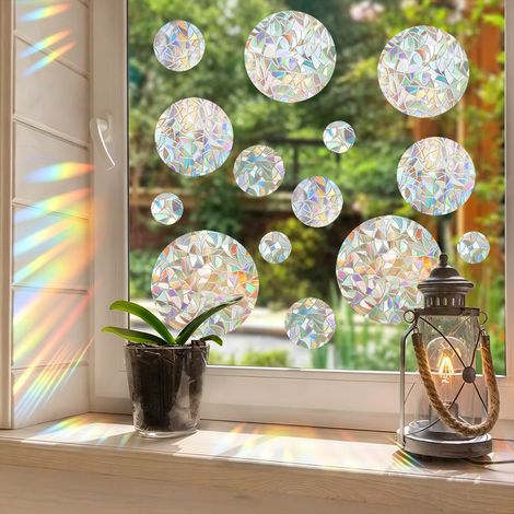 (14 pièces) suncatcher sticker–stickers fenetre avec effet prisme, fenetre arc-en-ciel, décoration de autocollants décoratifs pour portes et fenêtres. (1/5)