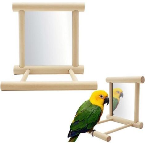 Miroir avec perchoir Bird, FainFun 10 x 10 x 10 cm Perchoir en bois avec miroir pour oiseaux, Perchoir avec miroir pour oiseaux, Jouet miroir pour perroquets, pigeons, canaris, Jouet miroir po (1/4)