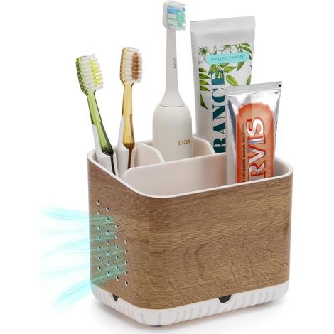 Porte Brosse à Dents Support Brosse a Dent Electrique en Grain de Bois avec 4 Compartiments et Trous de Drainage, Range Brosse a Dent Facile à Nettoyer pour Organisateur Salle de Bain