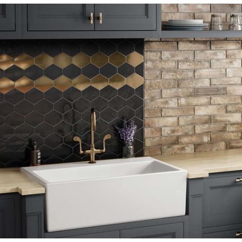 Carrelage mural uni hexagone déformé 12.4x10.8cm noir brillant – 10 couleurs disponibles – Boîte de 0.4m² – Equipe (1/2)