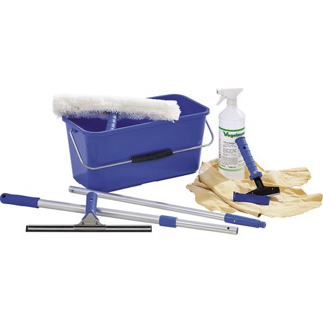 Kit de nettoyage des vitres - raclette éponge, raclette, seau - manche télescopique, grattoir, nettoyant pour vitres