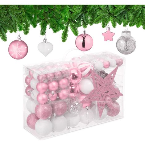 Relaxdays Palline di Natale, Set 101 Addobbi Natalizi in Plastica, Decorazioni per Albero in Vari Design, Puntale, Rosa