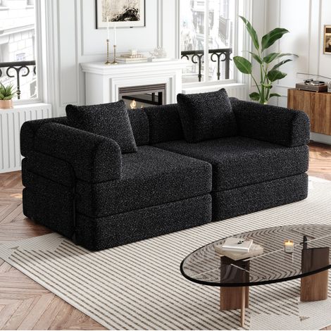 Schlafsofa 2-in-1 aus Chenille in Schwarz mit Ablage im Armlehnenbereich und Stahlrahmen,183,8x91,4x69,8 cm (1/5)