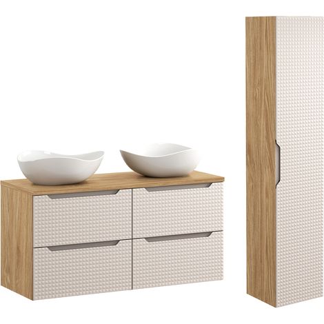 Doppelwaschtisch und Hängesäule 120cm Mallory mit 2 Schubladen, Beige und Holzoptik