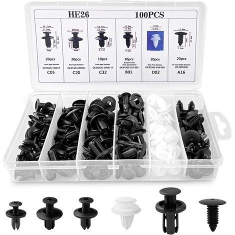 100 clip di fissaggio per auto - Kit di installazione in 6 misure - Kit di riparazione paraurti in plastica - Adatto per clip per pannelli delle portiere e cablaggi per auto