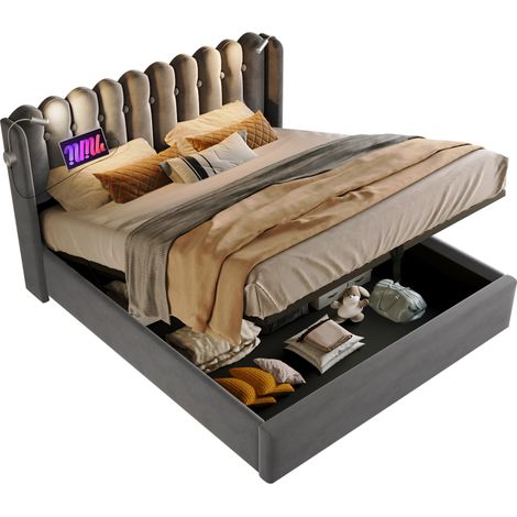 Lit double 160x200 en velours gris avec tête de lit, liseuse orientable, 2 ports USB, coffre de rangement et sommier à lattes - CHICFURN (1/5)